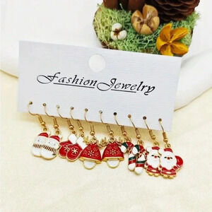 5 Pair of Cute Miscellaneous Gold Tone Dangle Christmas Earrings